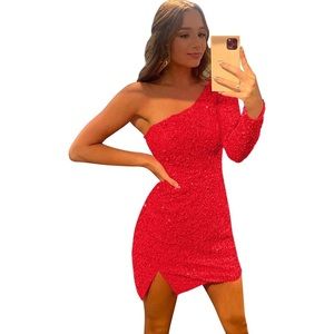 Women's RED velvet/sequin Long Sleeve Homecoming Dresses